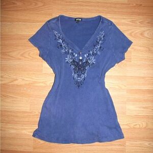 Apt. 9 Women's Short Sleeve Blue Butterfly Embroidered Tee